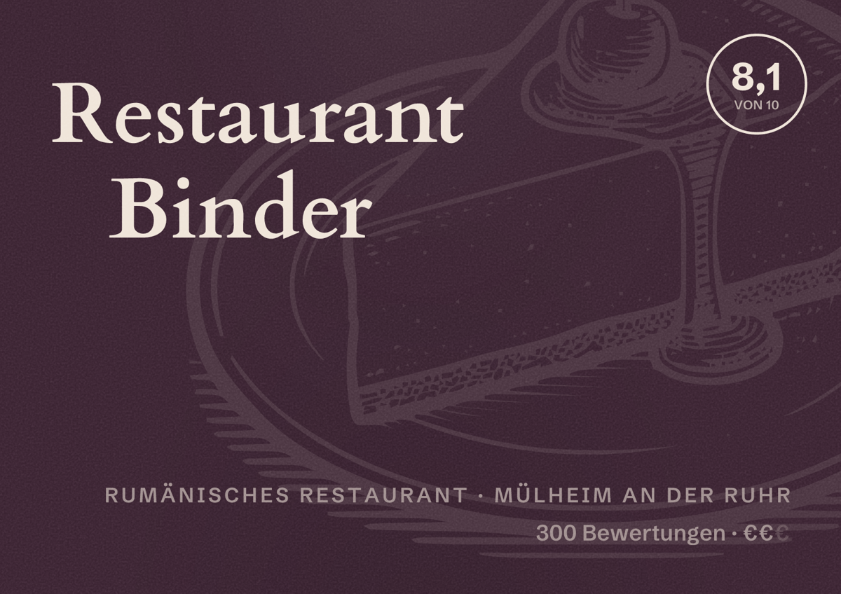 Illustriertes Poster von Restaurant Binder, Rumänisches Restaurant in Mülheim an der Ruhr: Bewertung 8,1 von 10 aus 300 Bewertungen, Preisniveau €€