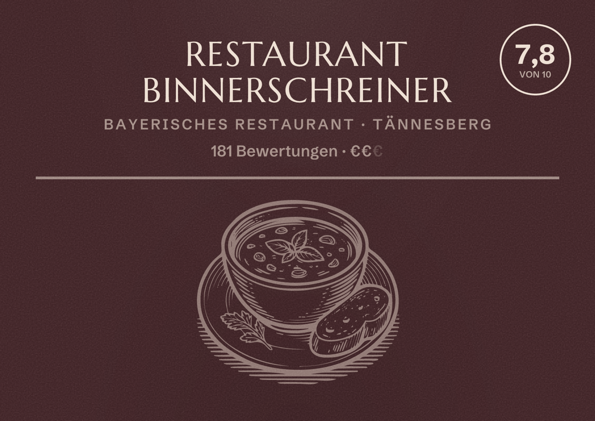 Illustriertes Poster von Restaurant Binnerschreiner, Bayerisches Restaurant in Tännesberg: Bewertung 7,8 von 10 aus 181 Bewertungen, Preisniveau €€