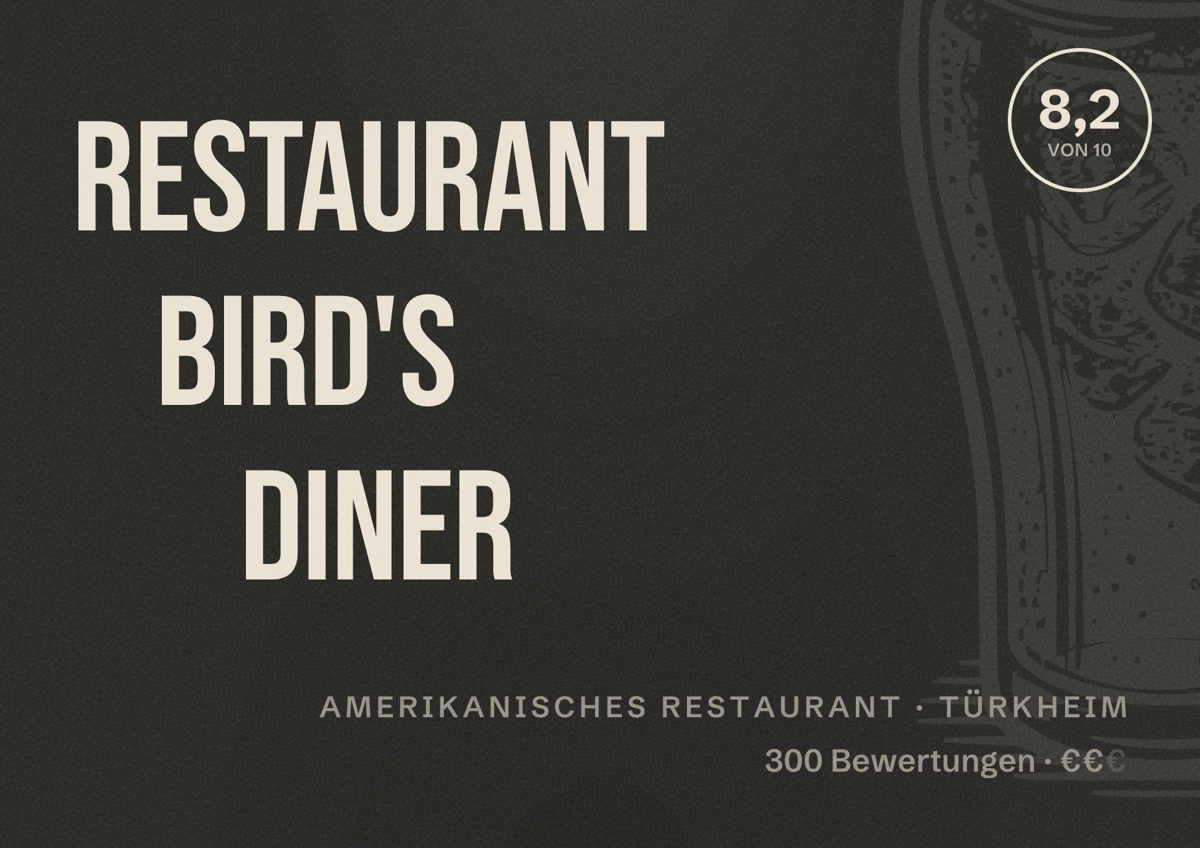 Illustriertes Poster von Restaurant Bird's Diner, Amerikanisches Restaurant in Türkheim: Bewertung 8,2 von 10 aus 300 Bewertungen, Preisniveau €€