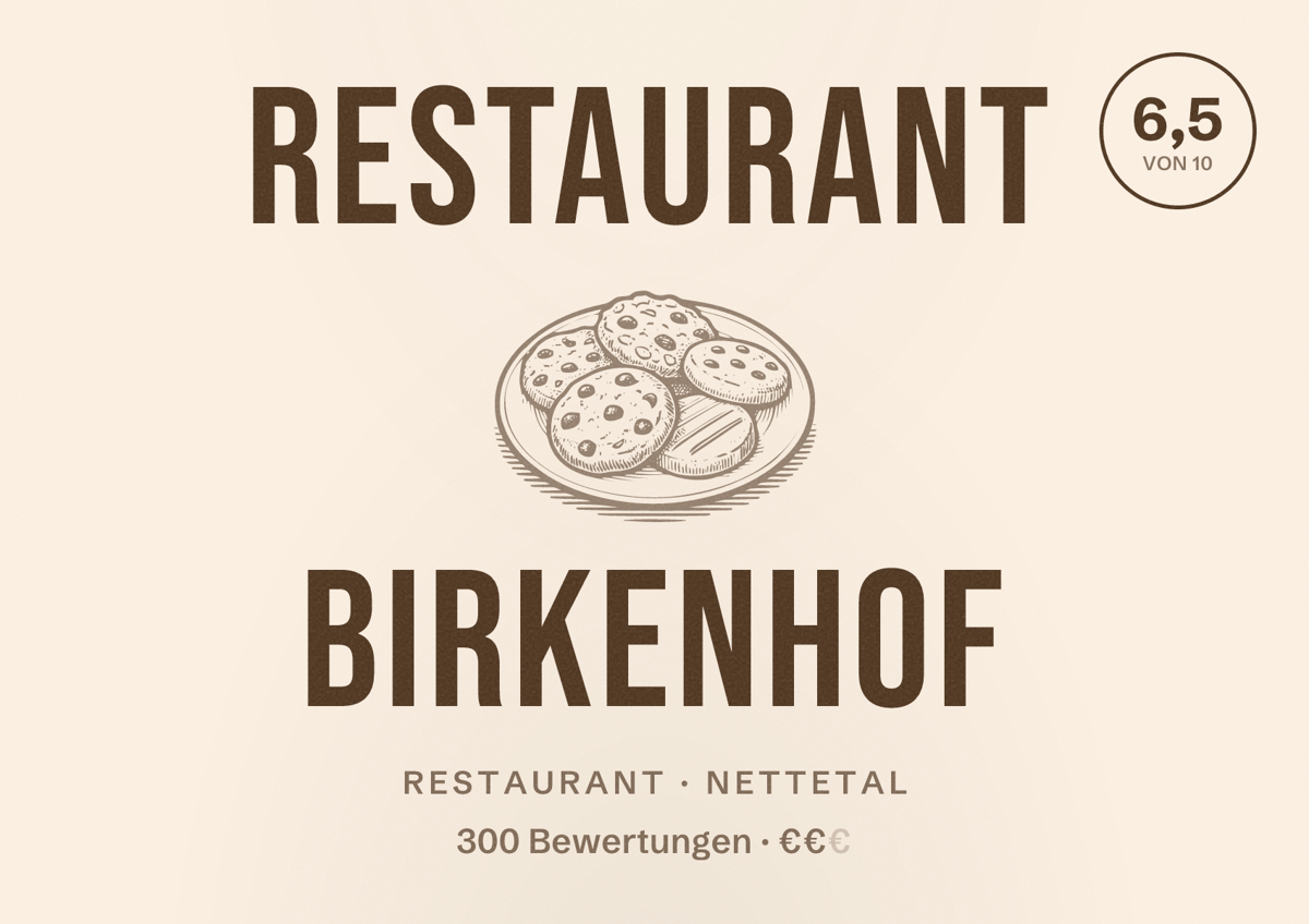 Illustriertes Poster von Restaurant Birkenhof, Restaurant in Nettetal: Bewertung 6,5 von 10 aus 300 Bewertungen, Preisniveau €€