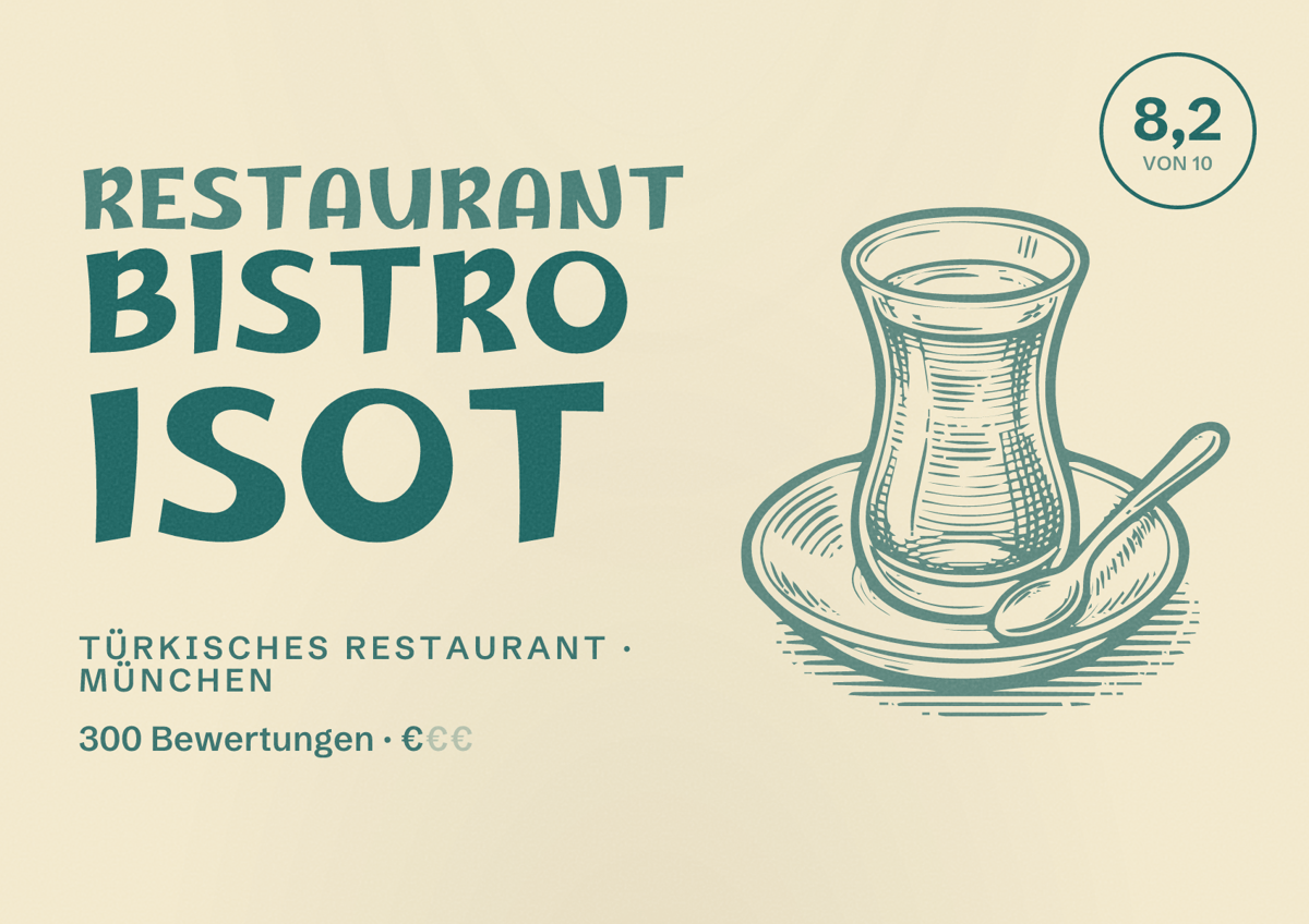 Illustriertes Poster von Restaurant Bistro Isot, Türkisches Restaurant in München: Bewertung 8,2 von 10 aus 300 Bewertungen, Preisniveau €