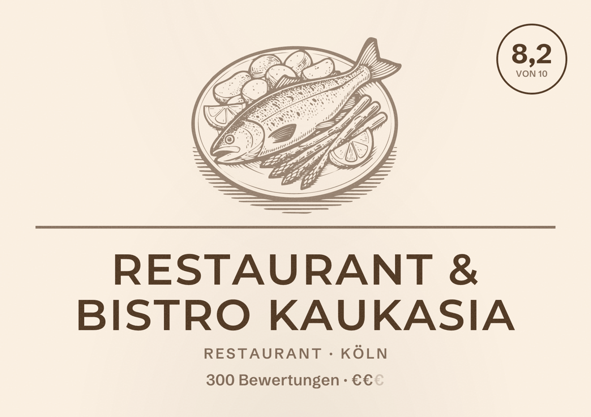 Illustriertes Poster von Restaurant & Bistro Kaukasia, Restaurant in Köln: Bewertung 8,2 von 10 aus 300 Bewertungen, Preisniveau €€