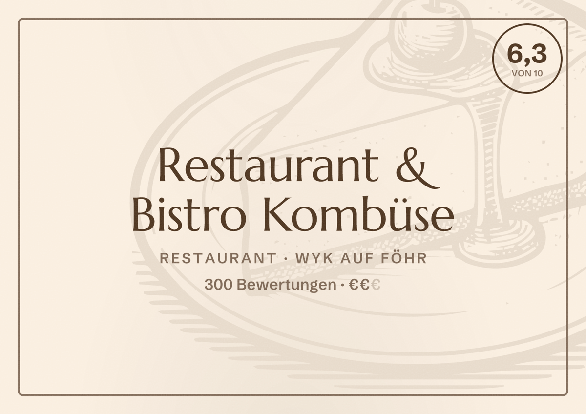 Illustriertes Poster von Restaurant & Bistro Kombüse, Restaurant in Wyk auf Föhr: Bewertung 6,3 von 10 aus 300 Bewertungen, Preisniveau €€
