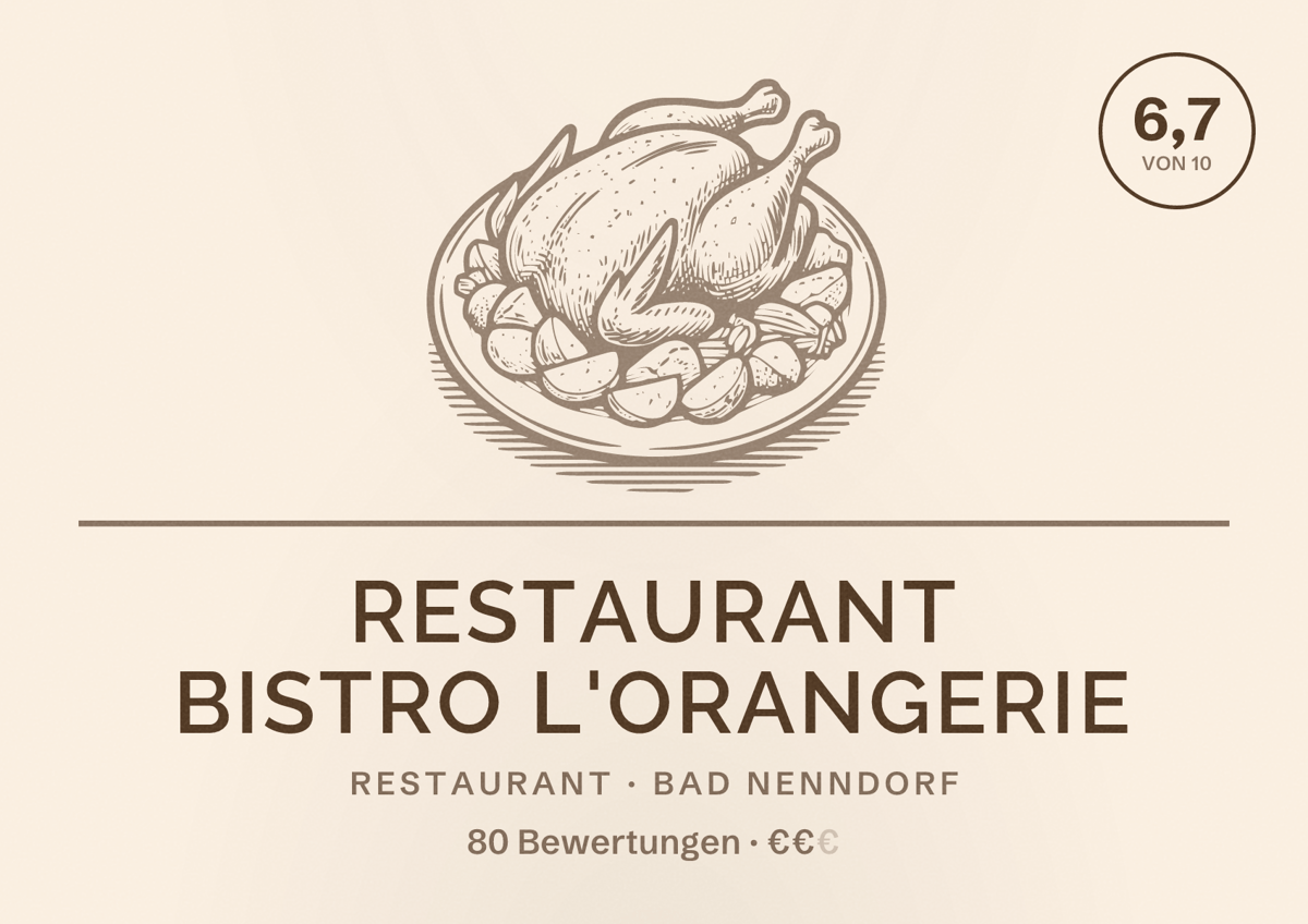 Illustriertes Poster von Restaurant Bistro L'Orangerie, Restaurant in Bad Nenndorf: Bewertung 6,7 von 10 aus 80 Bewertungen, Preisniveau €€