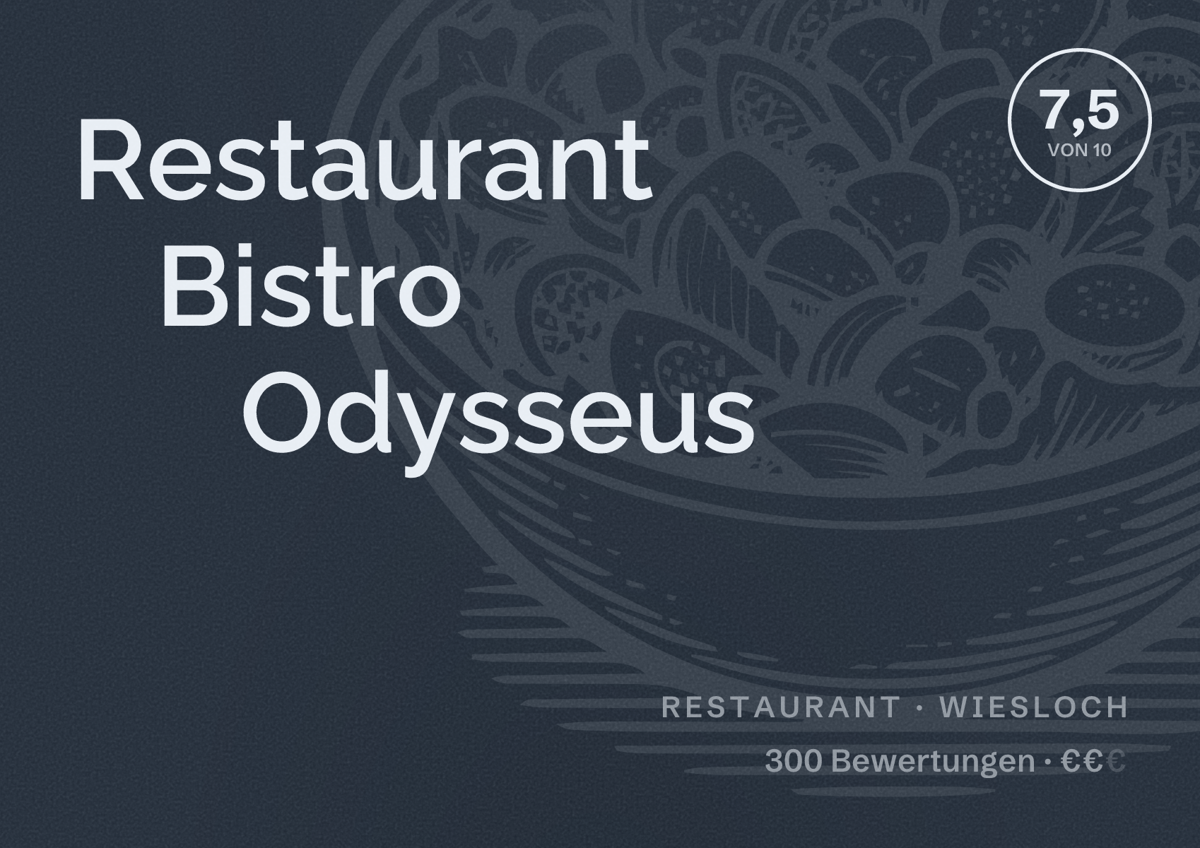 Illustriertes Poster von Restaurant Bistro Odysseus, Restaurant in Wiesloch: Bewertung 7,5 von 10 aus 300 Bewertungen, Preisniveau €€