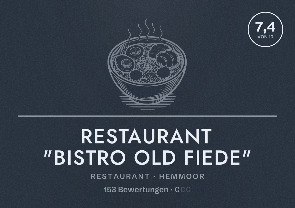 Illustriertes Poster von Restaurant "Bistro Old Fiede", Restaurant in Hemmoor: Bewertung 7,4 von 10 aus 153 Bewertungen, Preisniveau €