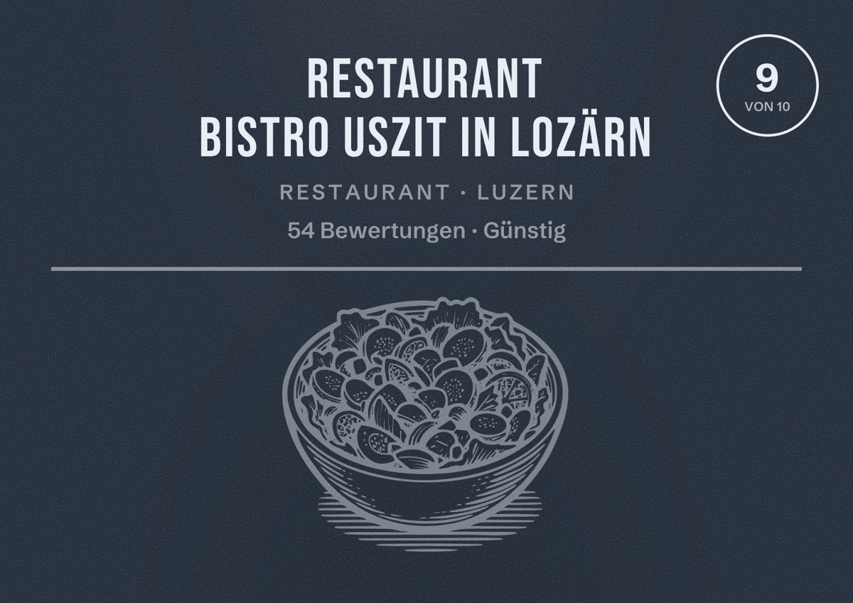 Illustriertes Poster von Restaurant Bistro Uszit in Lozärn, Restaurant in Luzern: Bewertung 9 von 10 aus 54 Bewertungen, Preisniveau Günstig
