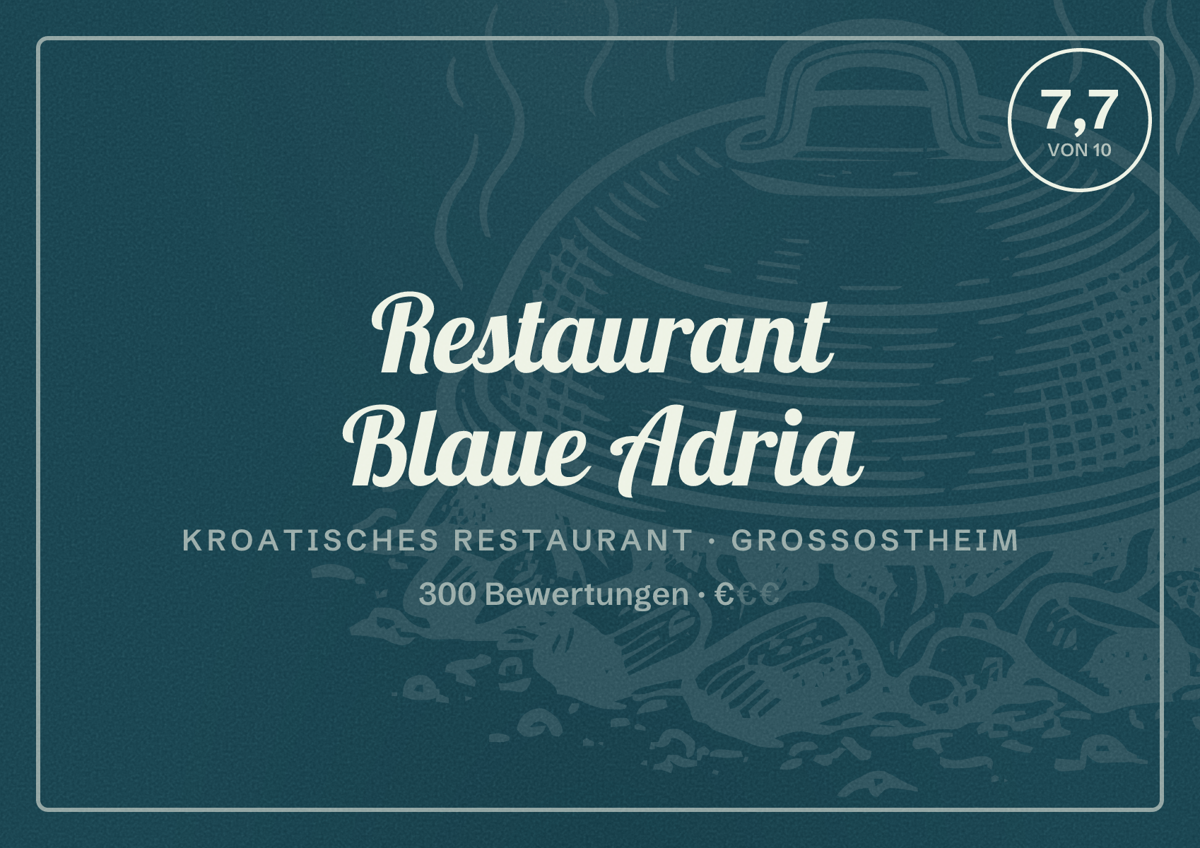 Illustriertes Poster von Restaurant Blaue Adria, Kroatisches Restaurant in Großostheim: Bewertung 7,7 von 10 aus 300 Bewertungen, Preisniveau €