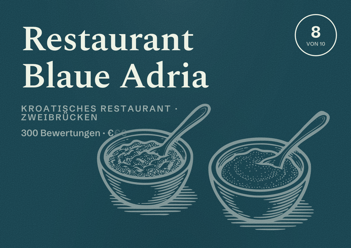 Illustriertes Poster von Restaurant Blaue Adria, Kroatisches Restaurant in Zweibrücken: Bewertung 8 von 10 aus 300 Bewertungen, Preisniveau €