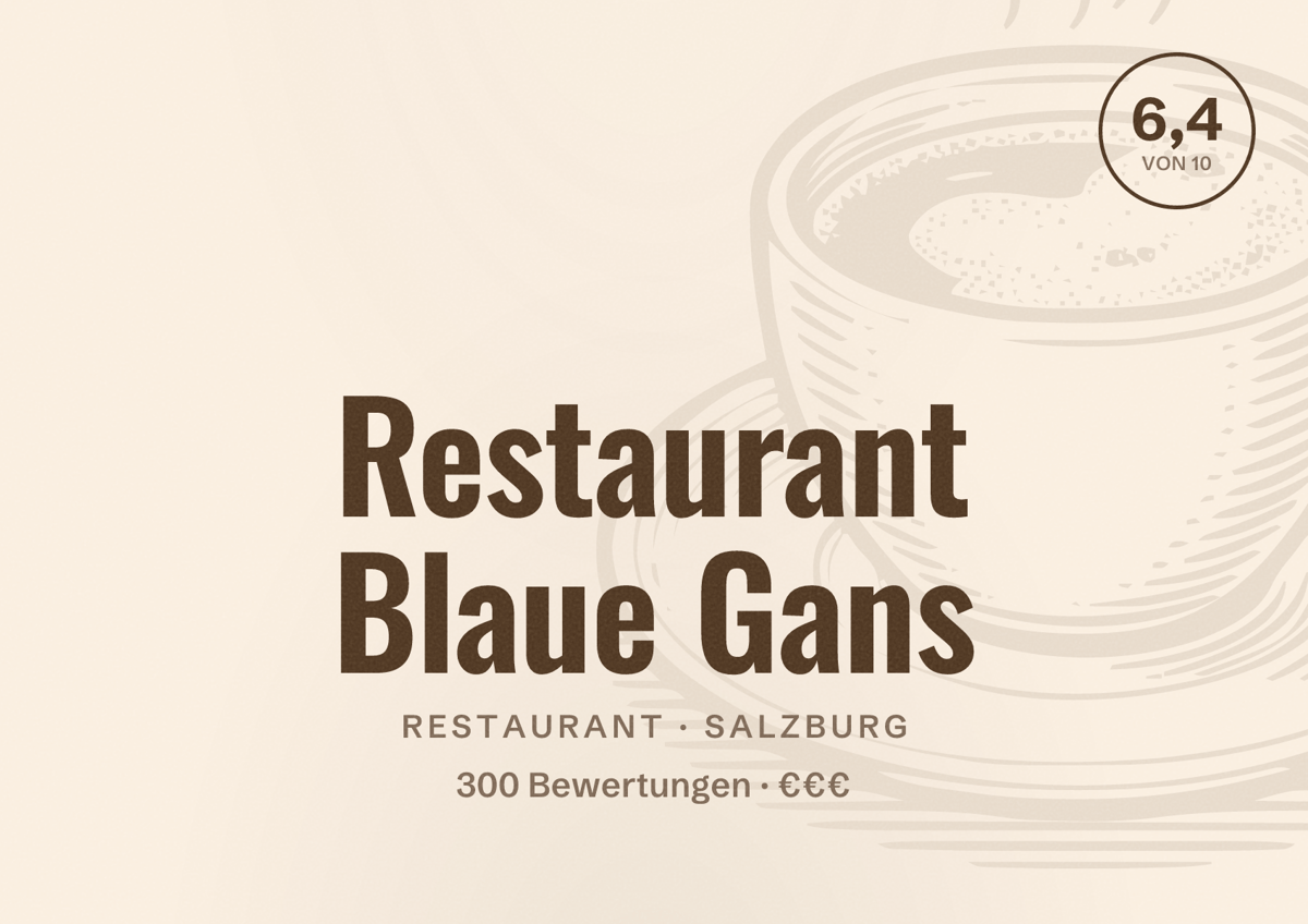 Illustriertes Poster von Restaurant Blaue Gans, Restaurant in Salzburg: Bewertung 6,4 von 10 aus 300 Bewertungen, Preisniveau €€€
