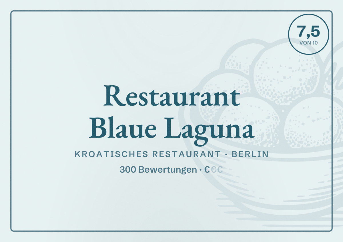 Illustriertes Poster von Restaurant Blaue Laguna, Kroatisches Restaurant in Berlin: Bewertung 7,5 von 10 aus 300 Bewertungen, Preisniveau €