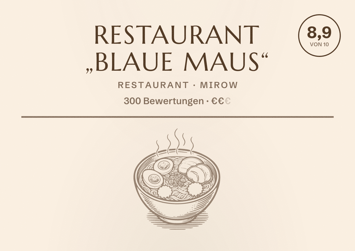 Illustriertes Poster von Restaurant „Blaue Maus“, Restaurant in Mirow: Bewertung 8,9 von 10 aus 300 Bewertungen, Preisniveau €€