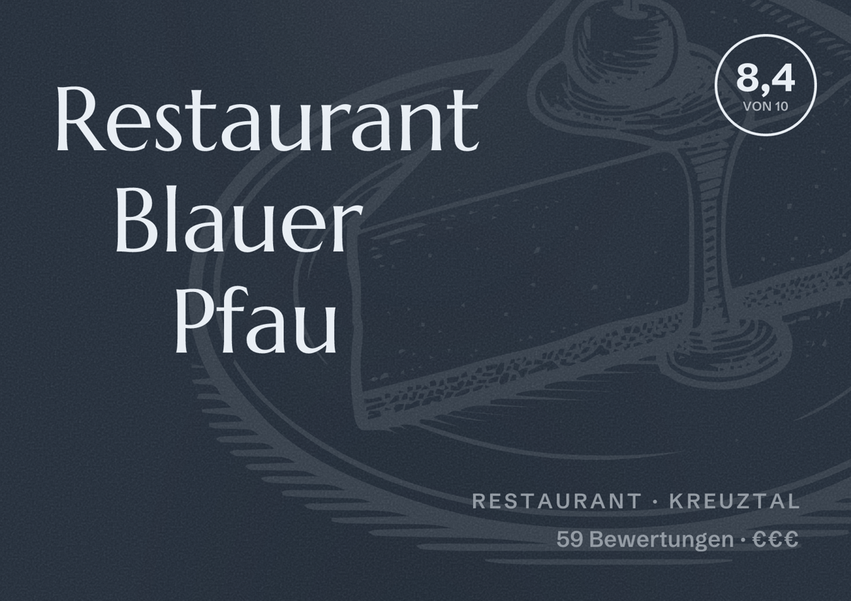 Illustriertes Poster von Restaurant Blauer Pfau, Restaurant in Kreuztal: Bewertung 8,4 von 10 aus 59 Bewertungen, Preisniveau €€€