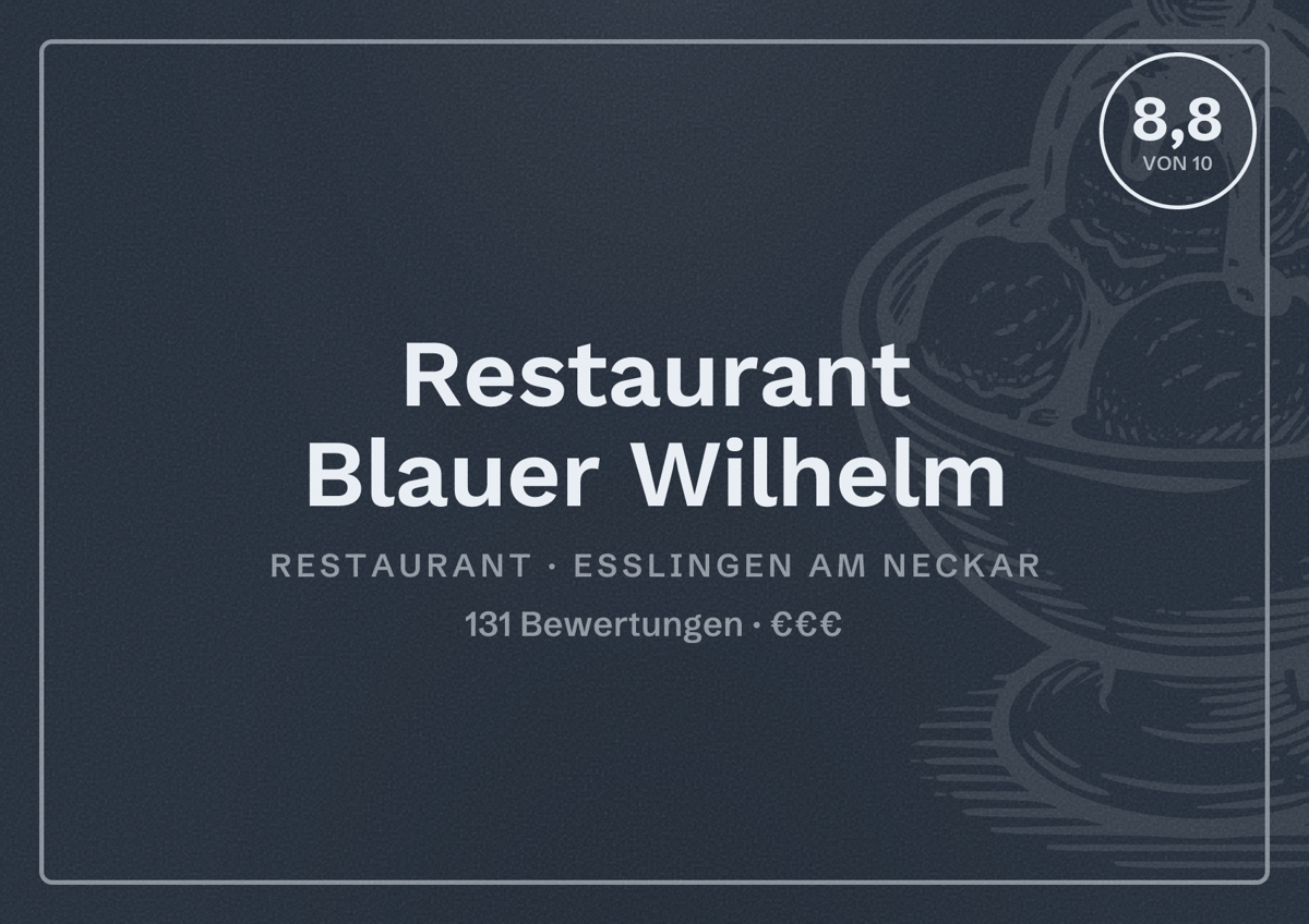 Illustriertes Poster von Restaurant Blauer Wilhelm, Restaurant in Esslingen am Neckar: Bewertung 8,8 von 10 aus 131 Bewertungen, Preisniveau €€€