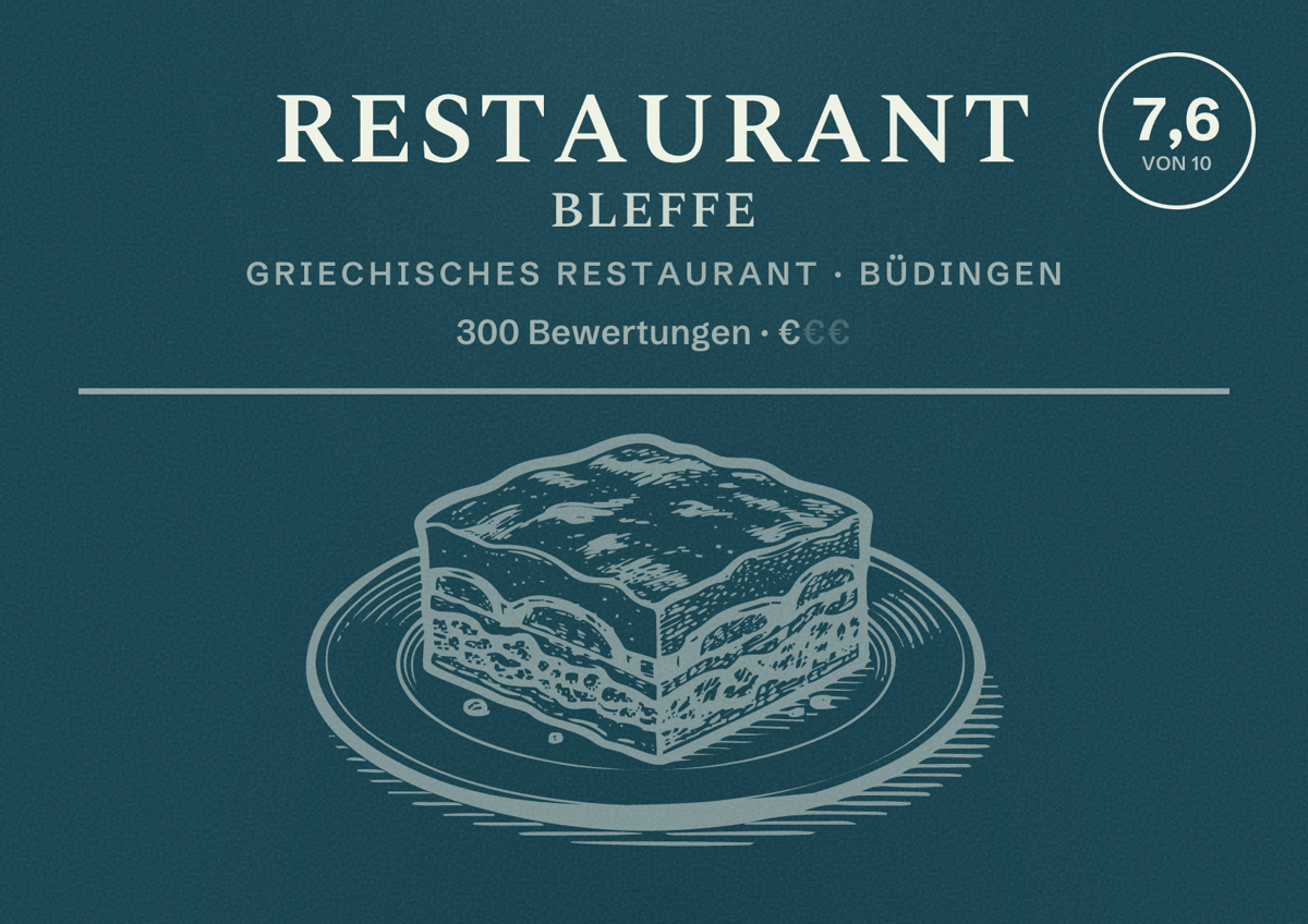 Illustriertes Poster von Restaurant Bleffe, Griechisches Restaurant in Büdingen: Bewertung 7,6 von 10 aus 300 Bewertungen, Preisniveau €