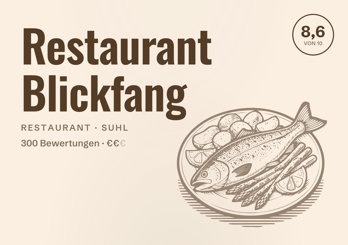 Illustriertes Poster von Restaurant Blickfang, Restaurant in Suhl: Bewertung 8,6 von 10 aus 300 Bewertungen, Preisniveau €€