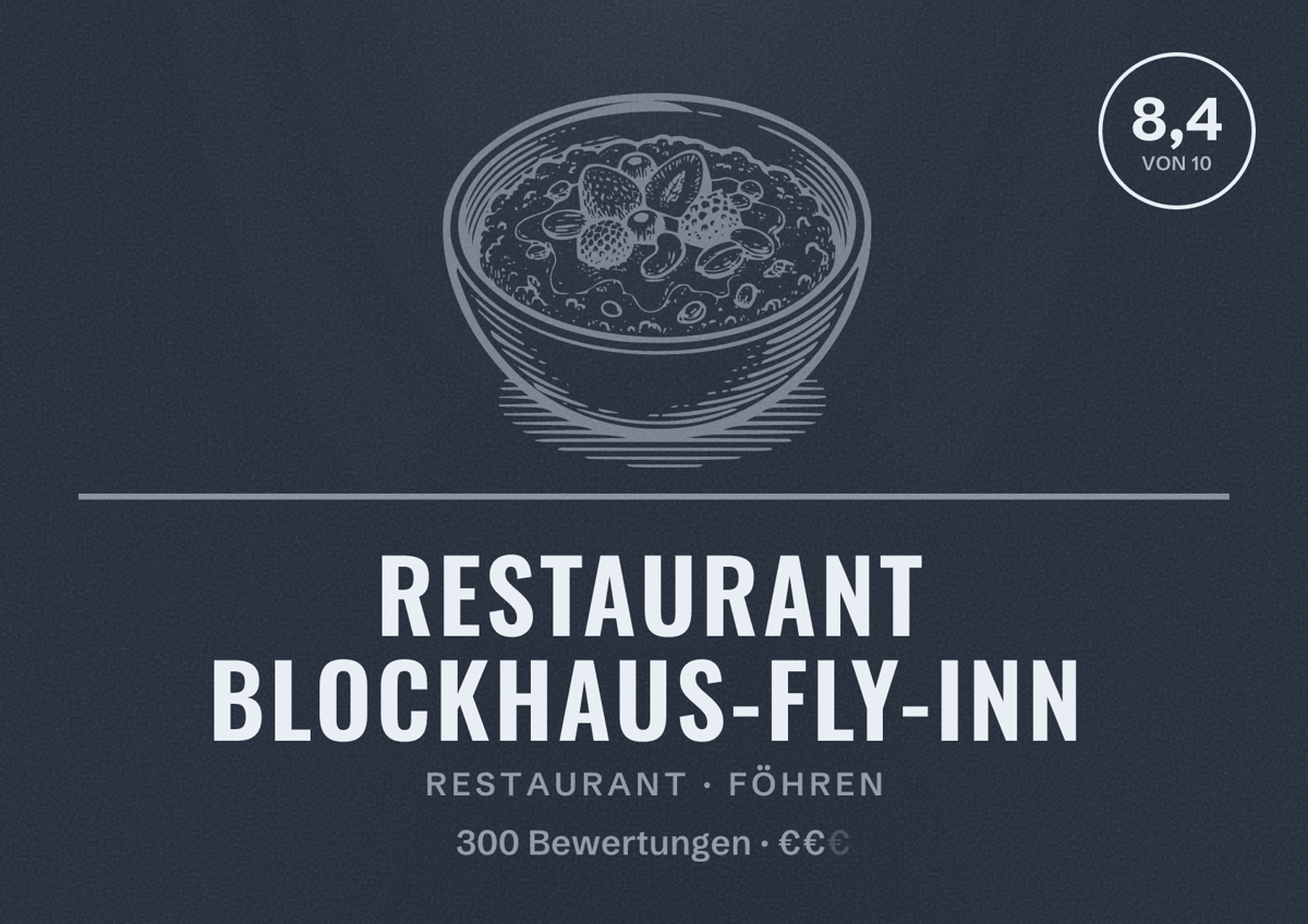 Illustriertes Poster von Restaurant Blockhaus-Fly-Inn, Restaurant in Föhren: Bewertung 8,4 von 10 aus 300 Bewertungen, Preisniveau €€
