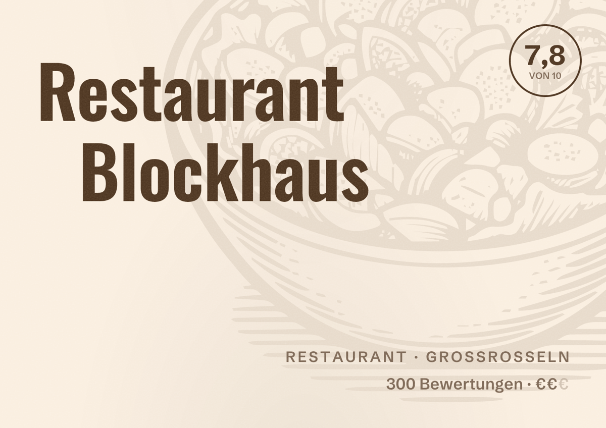 Illustriertes Poster von Restaurant Blockhaus, Restaurant in Großrosseln: Bewertung 7,8 von 10 aus 300 Bewertungen, Preisniveau €€