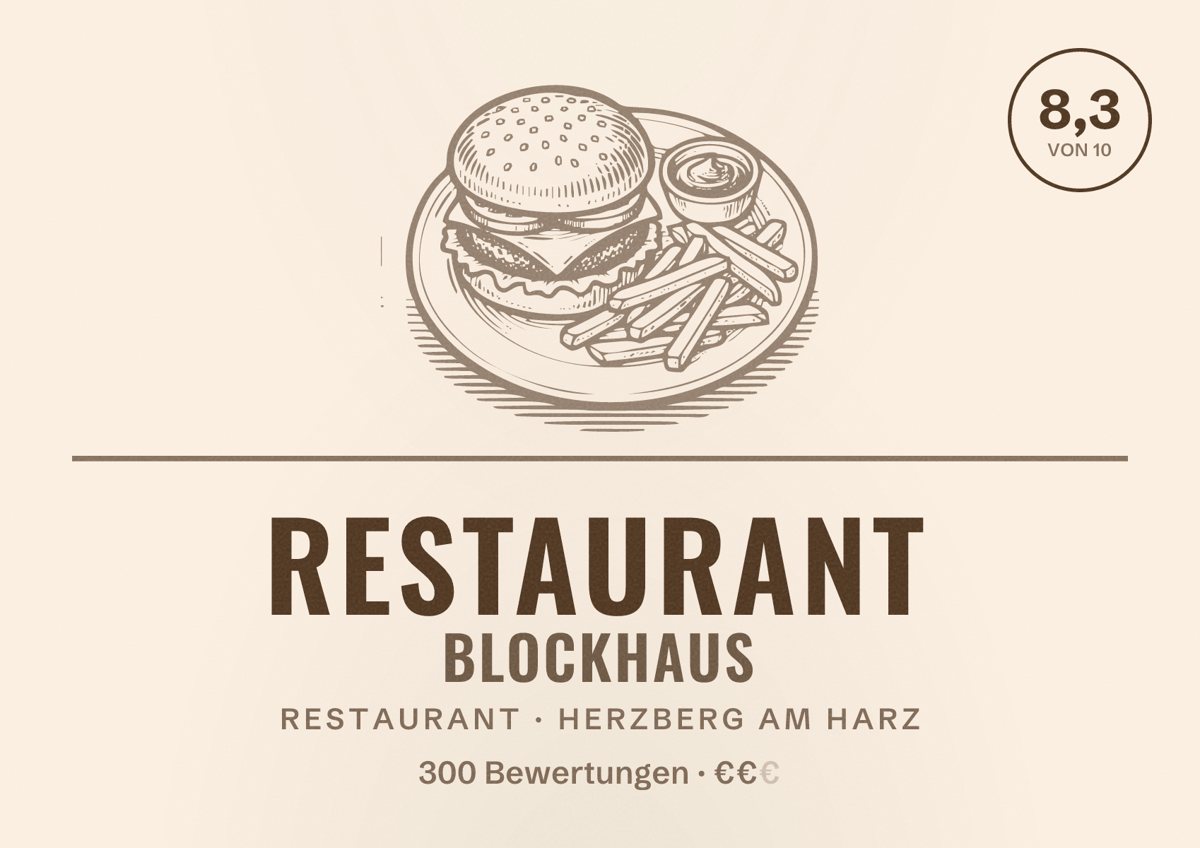 Illustriertes Poster von Restaurant Blockhaus, Restaurant in Herzberg am Harz: Bewertung 8,3 von 10 aus 300 Bewertungen, Preisniveau €€