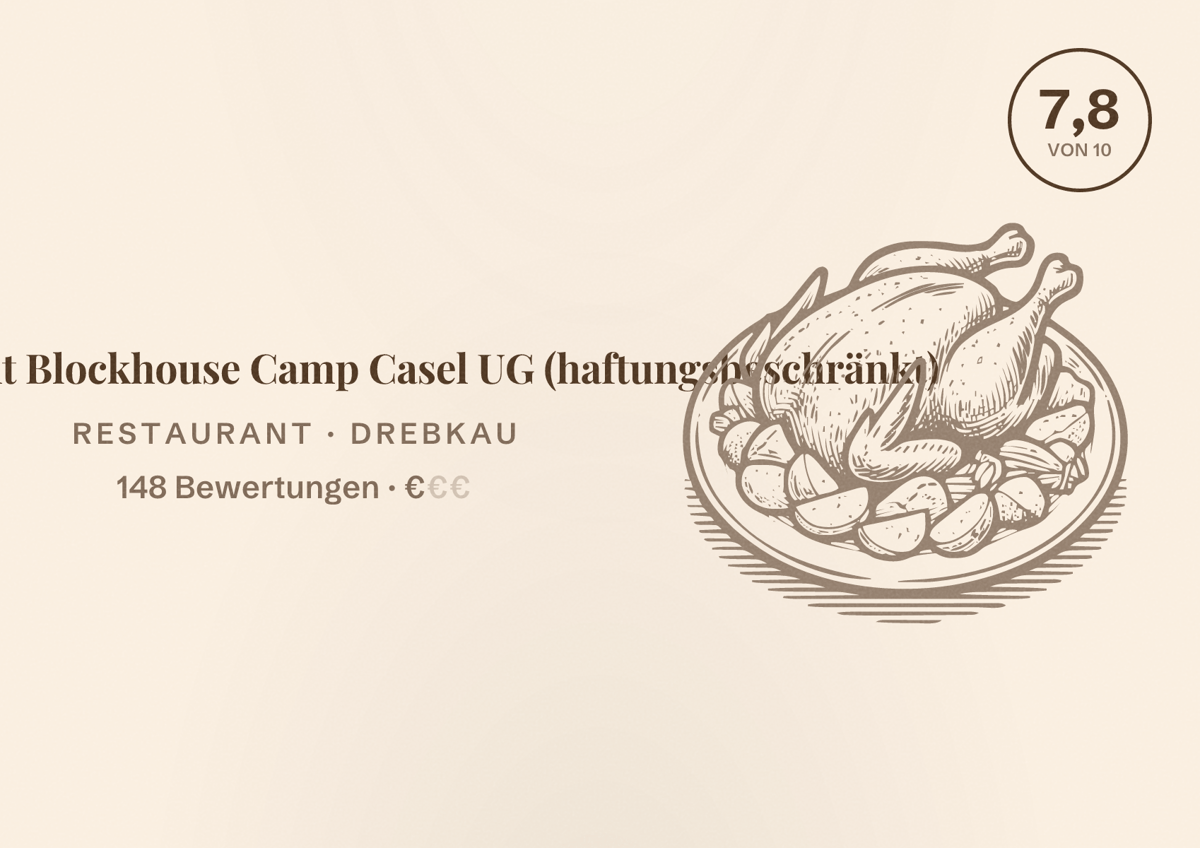 Illustriertes Poster von Restaurant Blockhouse Camp Casel UG (haftungsbeschränkt), Restaurant in Drebkau: Bewertung 7,8 von 10 aus 148 Bewertungen, Preisniveau €