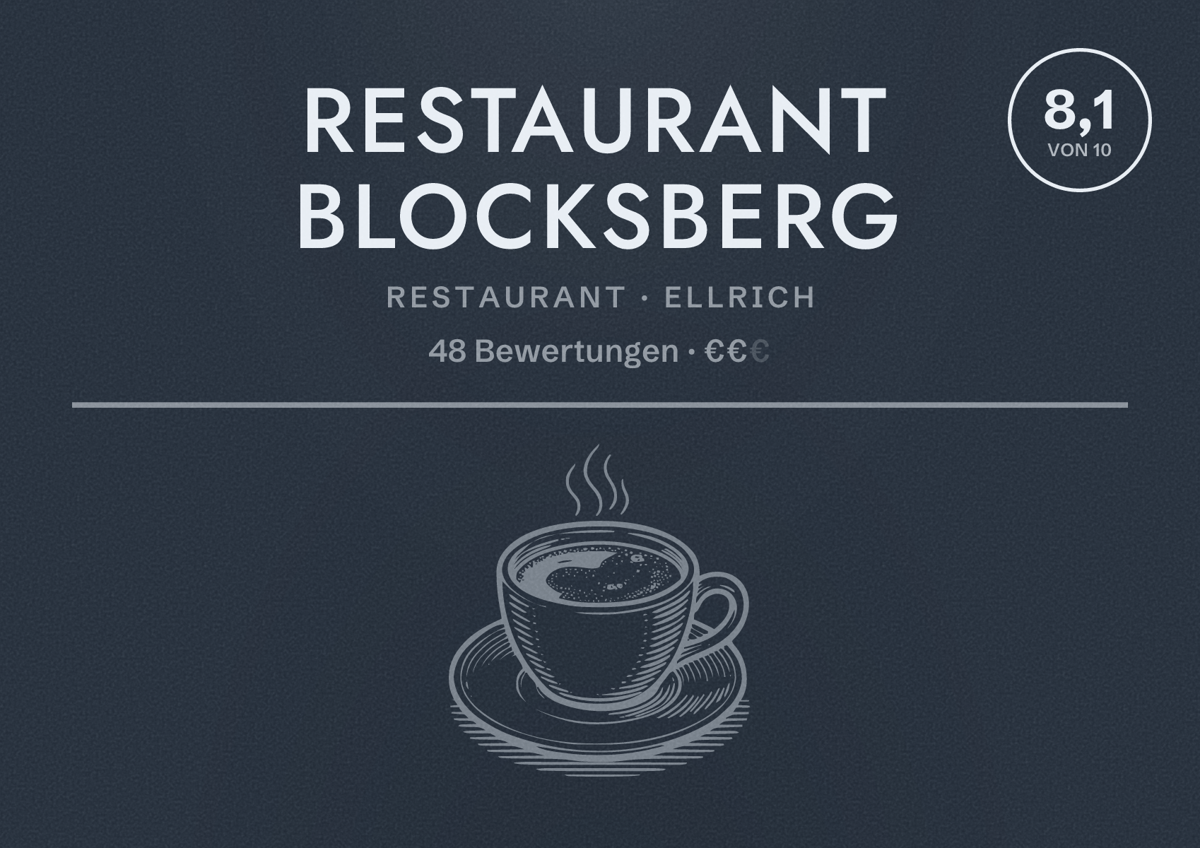 Illustriertes Poster von Restaurant Blocksberg, Restaurant in Ellrich: Bewertung 8,1 von 10 aus 48 Bewertungen, Preisniveau €€