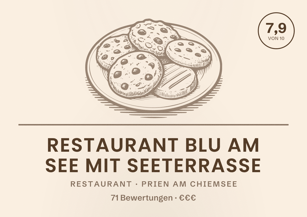 Illustriertes Poster von Restaurant Blu am See mit Seeterrasse, Restaurant in Prien am Chiemsee: Bewertung 7,9 von 10 aus 71 Bewertungen, Preisniveau €€€