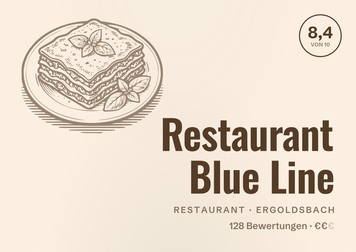 Illustriertes Poster von Restaurant Blue Line, Restaurant in Ergoldsbach: Bewertung 8,4 von 10 aus 128 Bewertungen, Preisniveau €€