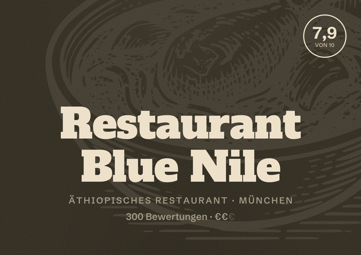 Illustriertes Poster von Restaurant Blue Nile, Äthiopisches Restaurant in München: Bewertung 7,9 von 10 aus 300 Bewertungen, Preisniveau €€