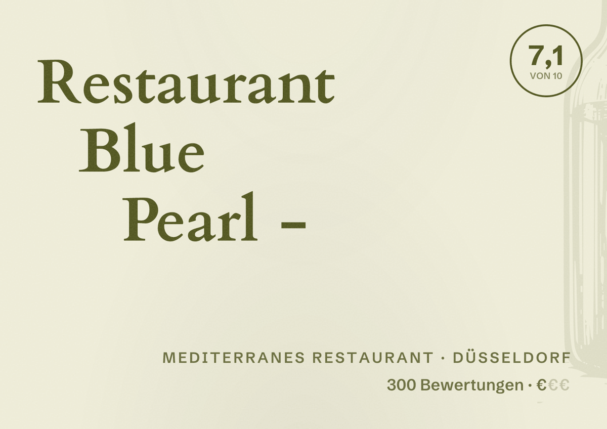 Illustriertes Poster von Restaurant Blue Pearl -, Mediterranes Restaurant in Düsseldorf: Bewertung 7,1 von 10 aus 300 Bewertungen, Preisniveau €