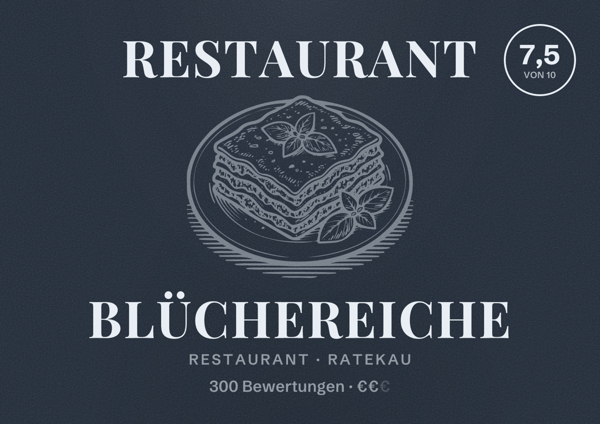 Illustriertes Poster von Restaurant Blüchereiche, Restaurant in Ratekau: Bewertung 7,5 von 10 aus 300 Bewertungen, Preisniveau €€