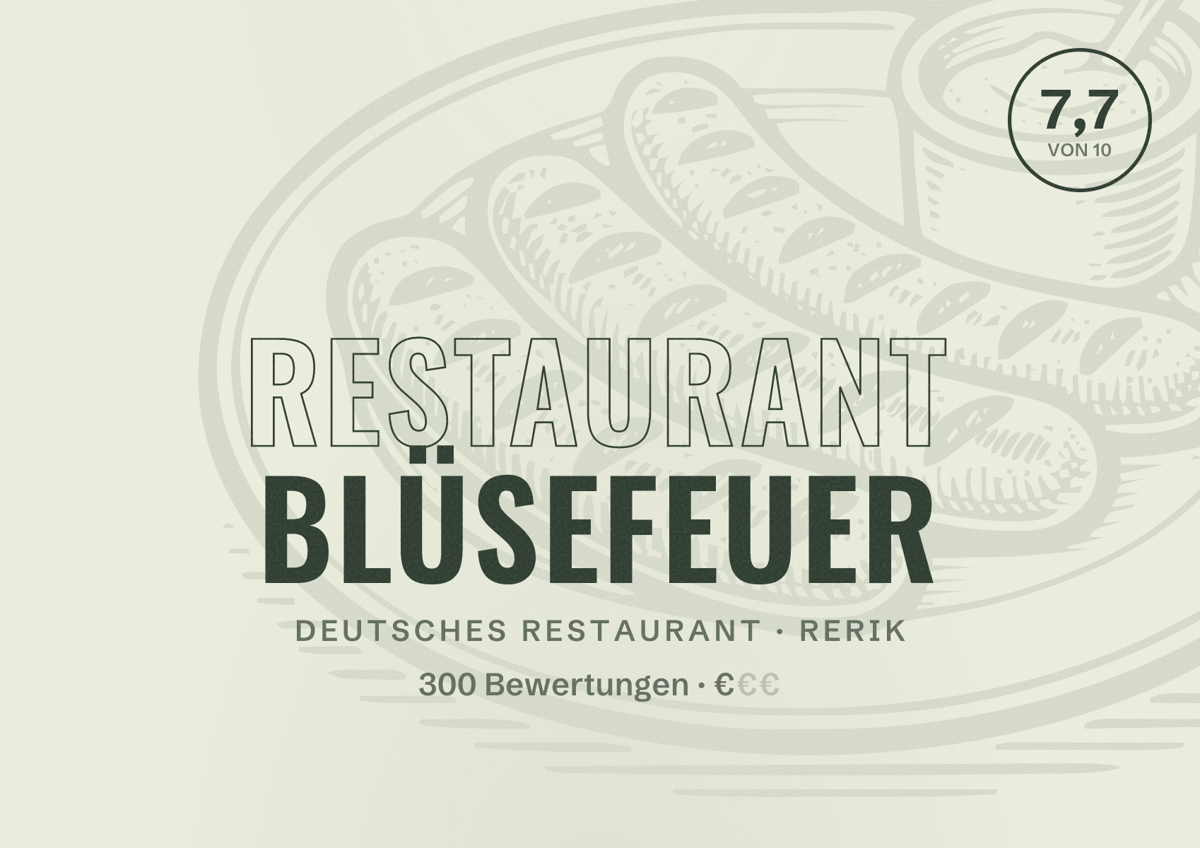 Illustriertes Poster von Restaurant Blüsefeuer, Deutsches Restaurant in Rerik: Bewertung 7,7 von 10 aus 300 Bewertungen, Preisniveau €