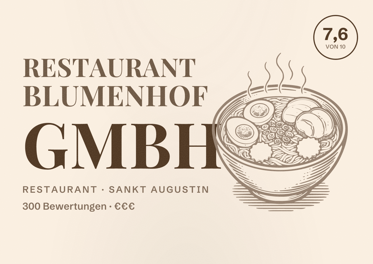 Illustriertes Poster von Restaurant Blumenhof GmbH, Restaurant in Sankt Augustin: Bewertung 7,6 von 10 aus 300 Bewertungen, Preisniveau €€€