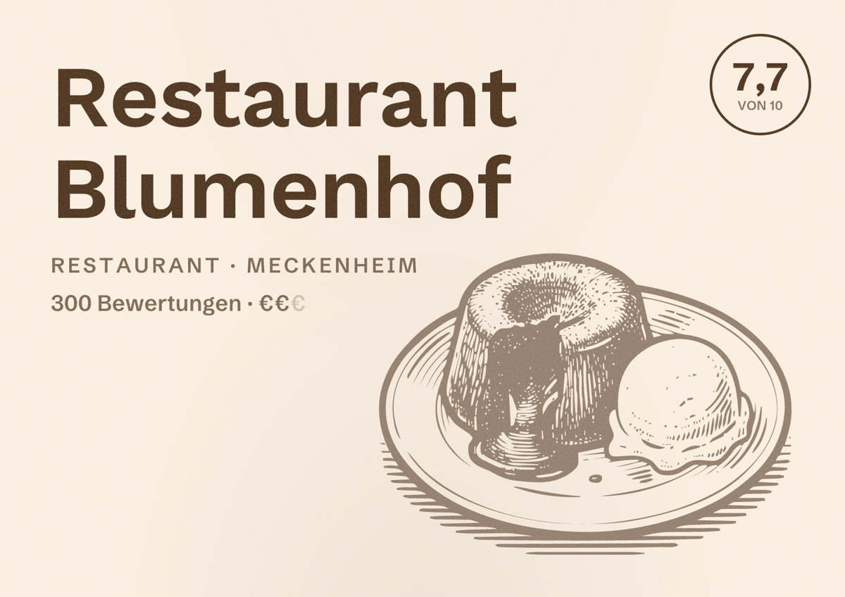 Illustriertes Poster von Restaurant Blumenhof, Restaurant in Meckenheim: Bewertung 7,7 von 10 aus 300 Bewertungen, Preisniveau €€