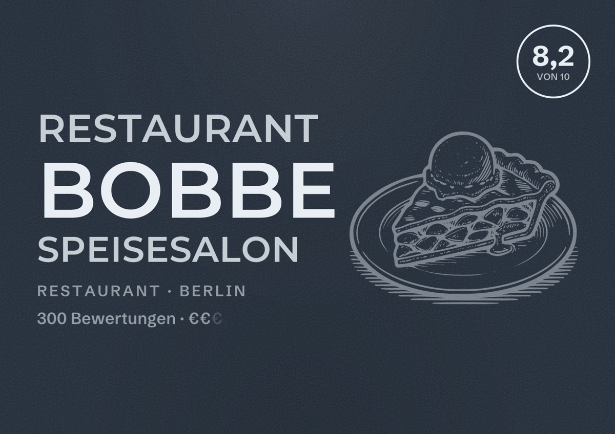 Illustriertes Poster von Restaurant Bobbe Speisesalon, Restaurant in Berlin: Bewertung 8,2 von 10 aus 300 Bewertungen, Preisniveau €€