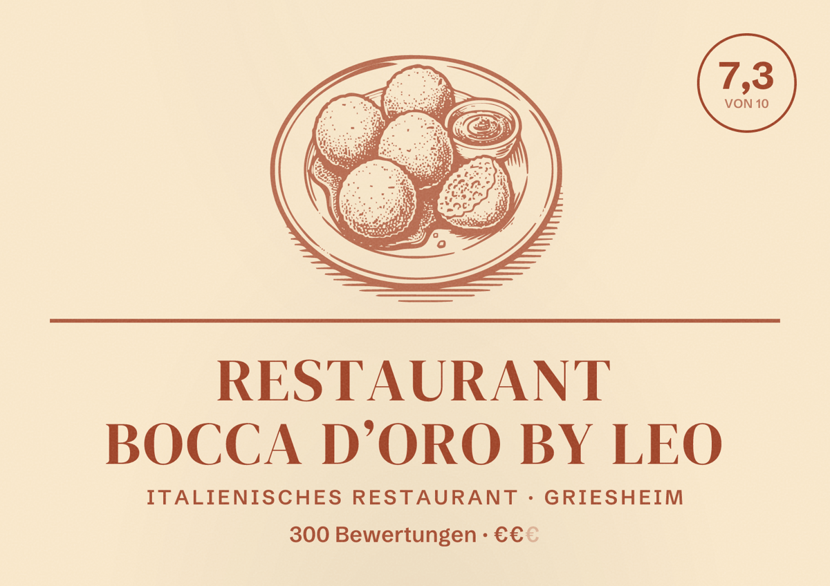 Illustriertes Poster von Restaurant Bocca D’oro by Leo, Italienisches Restaurant in Griesheim: Bewertung 7,3 von 10 aus 300 Bewertungen, Preisniveau €€