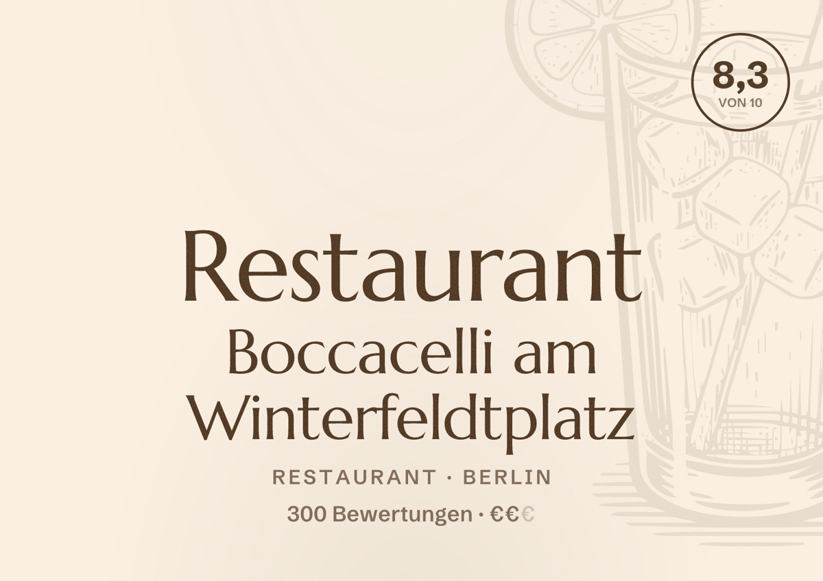 Illustriertes Poster von Restaurant Boccacelli am Winterfeldtplatz, Restaurant in Berlin: Bewertung 8,3 von 10 aus 300 Bewertungen, Preisniveau €€