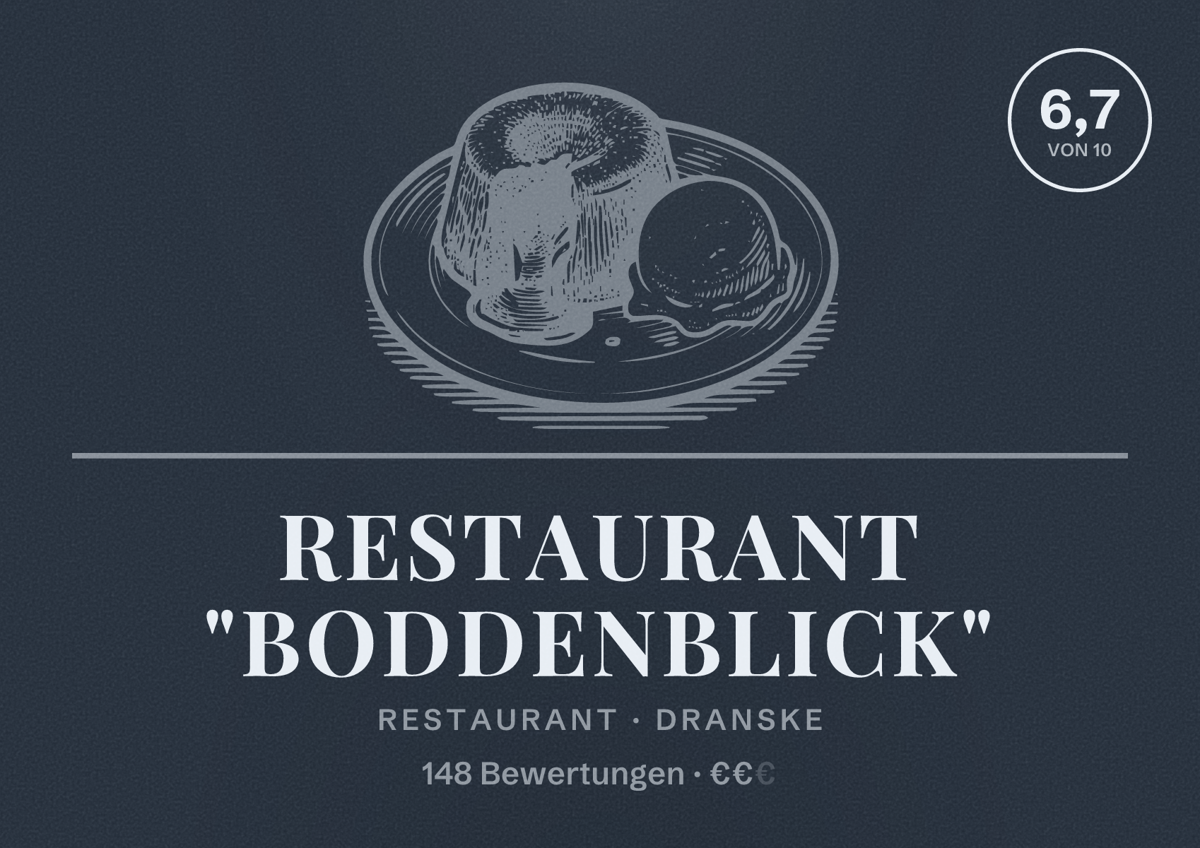 Illustriertes Poster von Restaurant "Boddenblick", Restaurant in Dranske: Bewertung 6,7 von 10 aus 148 Bewertungen, Preisniveau €€