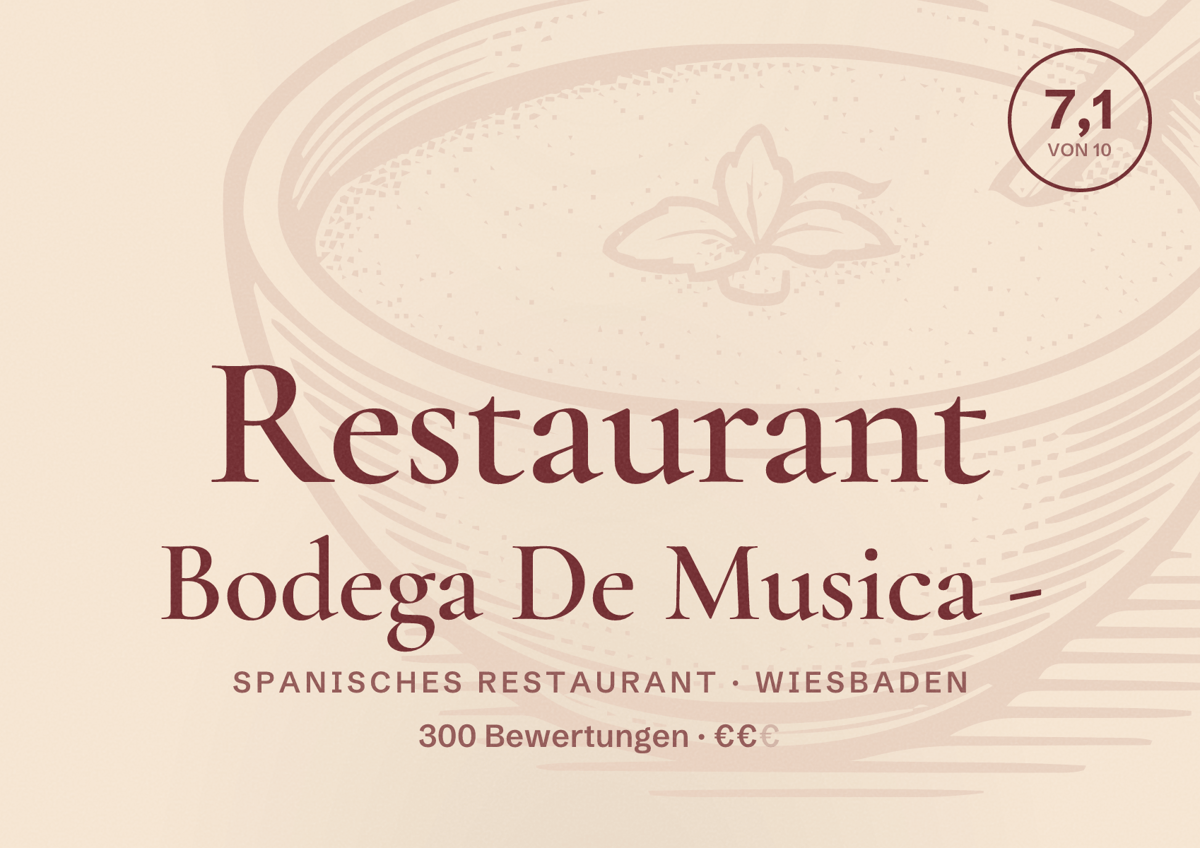 Illustriertes Poster von Restaurant Bodega De Musica -, Spanisches Restaurant in Wiesbaden: Bewertung 7,1 von 10 aus 300 Bewertungen, Preisniveau €€