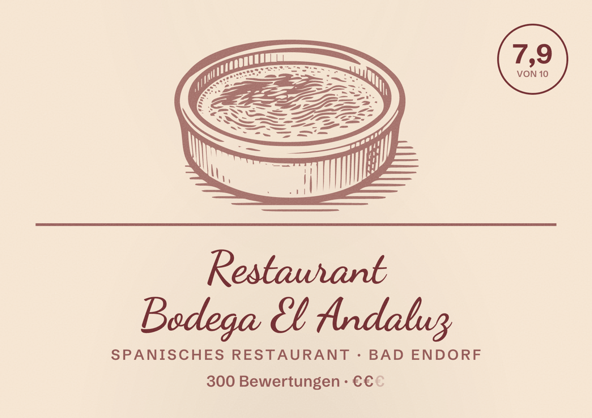 Illustriertes Poster von Restaurant Bodega El Andaluz, Spanisches Restaurant in Bad Endorf: Bewertung 7,9 von 10 aus 300 Bewertungen, Preisniveau €€