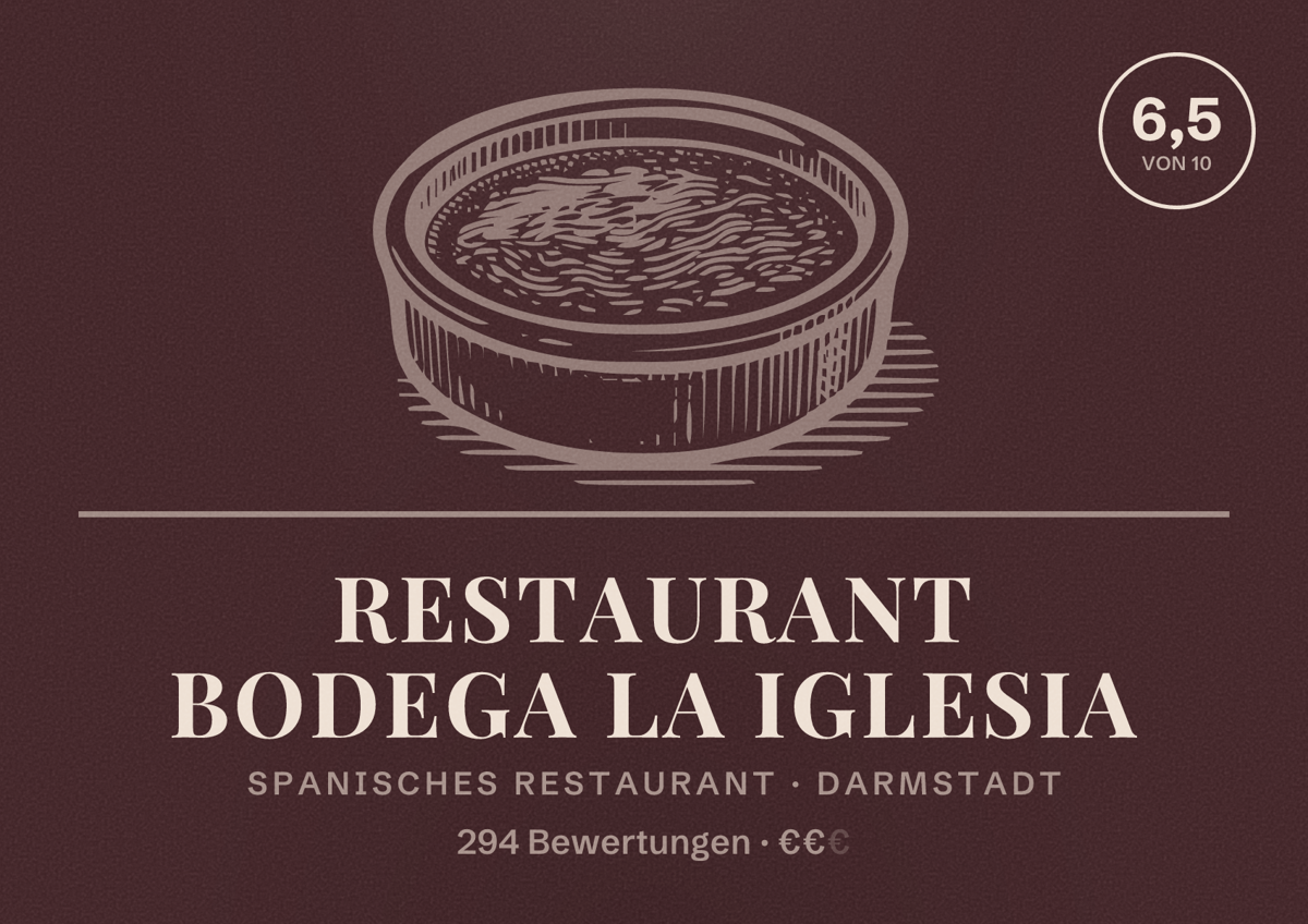 Illustriertes Poster von Restaurant Bodega la iglesia, Spanisches Restaurant in Darmstadt: Bewertung 6,5 von 10 aus 294 Bewertungen, Preisniveau €€