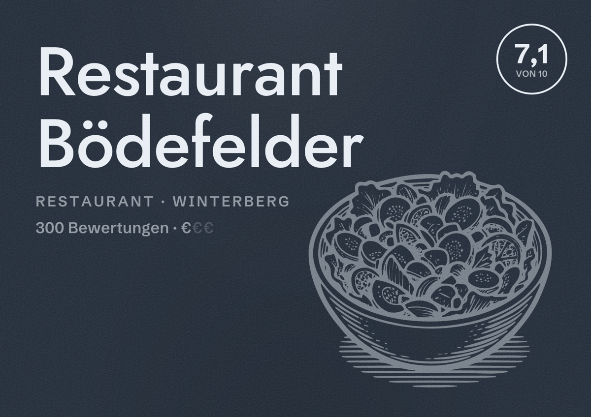 Illustriertes Poster von Restaurant Bödefelder, Restaurant in Winterberg: Bewertung 7,1 von 10 aus 300 Bewertungen, Preisniveau €