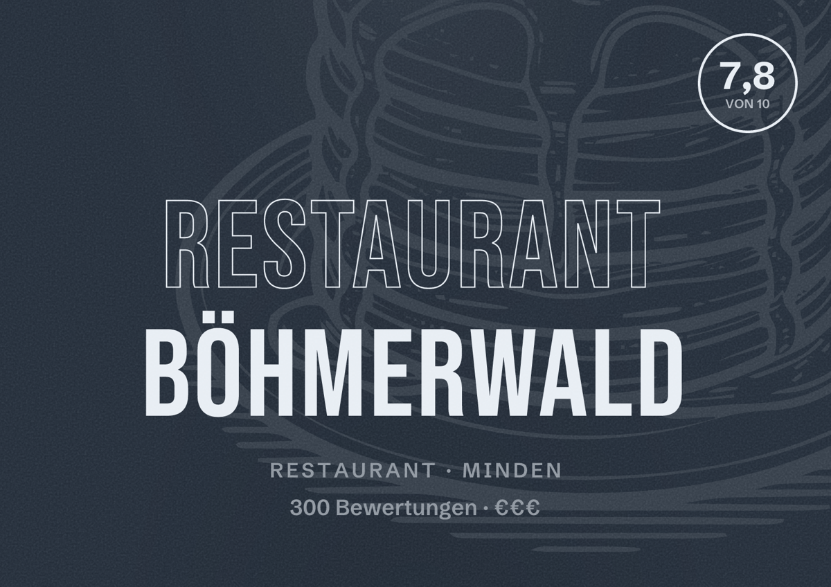 Illustriertes Poster von Restaurant Böhmerwald, Restaurant in Minden: Bewertung 7,8 von 10 aus 300 Bewertungen, Preisniveau €€€