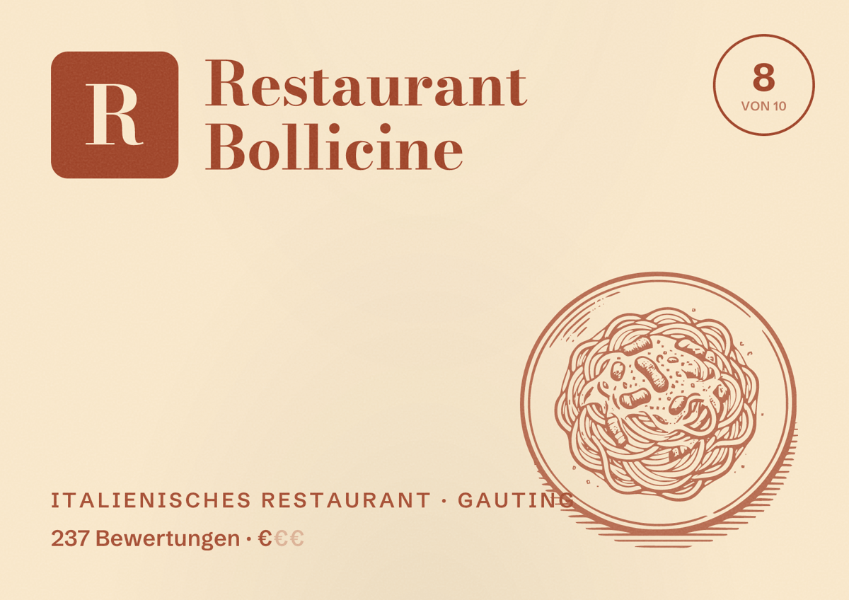 Illustriertes Poster von Restaurant Bollicine, Italienisches Restaurant in Gauting: Bewertung 8 von 10 aus 237 Bewertungen, Preisniveau €