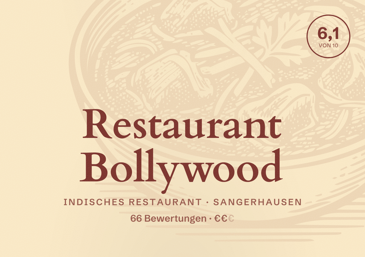 Illustriertes Poster von Restaurant Bollywood, Indisches Restaurant in Sangerhausen: Bewertung 6,1 von 10 aus 66 Bewertungen, Preisniveau €€