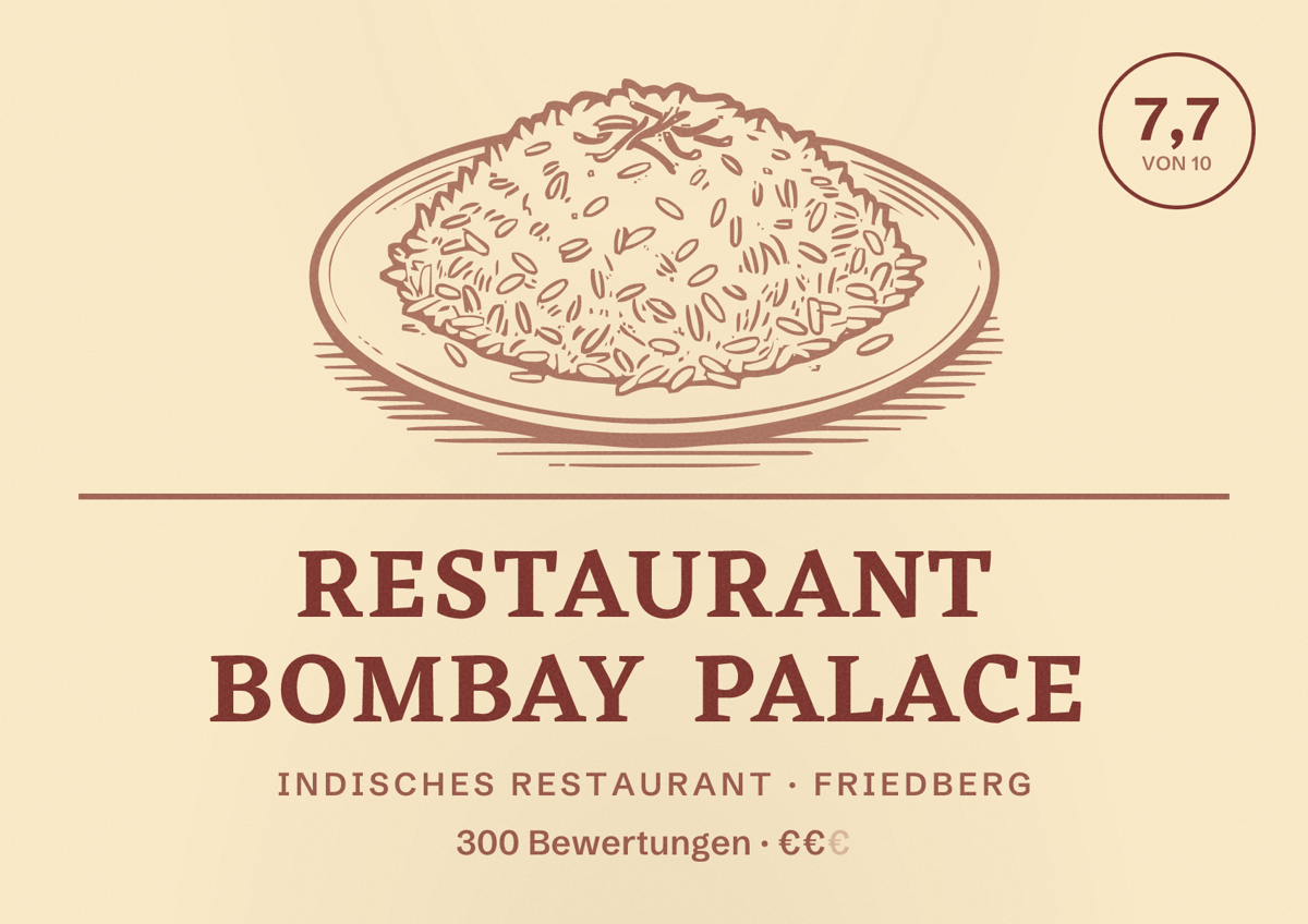 Illustriertes Poster von Restaurant Bombay Palace, Indisches Restaurant in Friedberg: Bewertung 7,7 von 10 aus 300 Bewertungen, Preisniveau €€