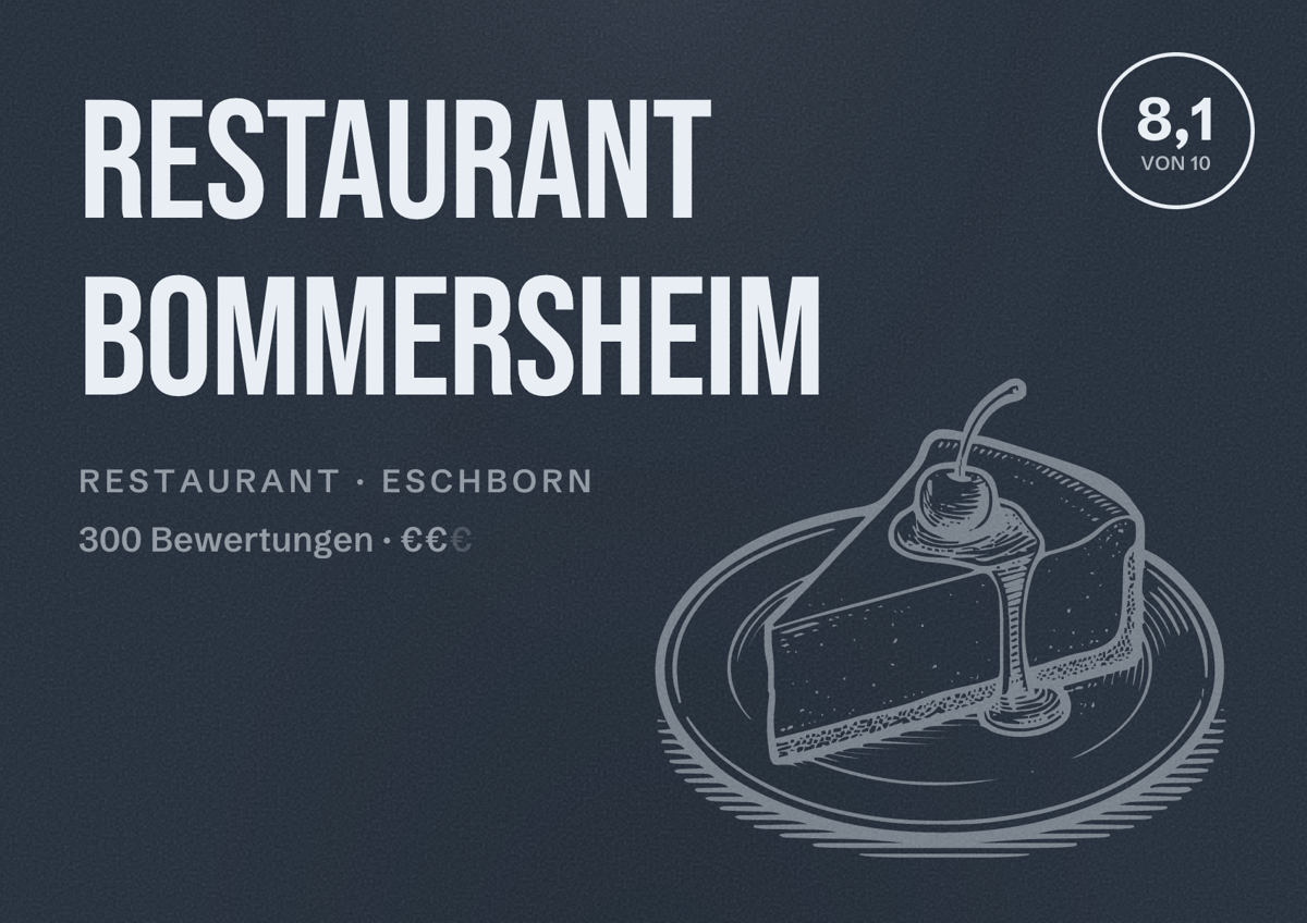 Illustriertes Poster von Restaurant Bommersheim, Restaurant in Eschborn: Bewertung 8,1 von 10 aus 300 Bewertungen, Preisniveau €€
