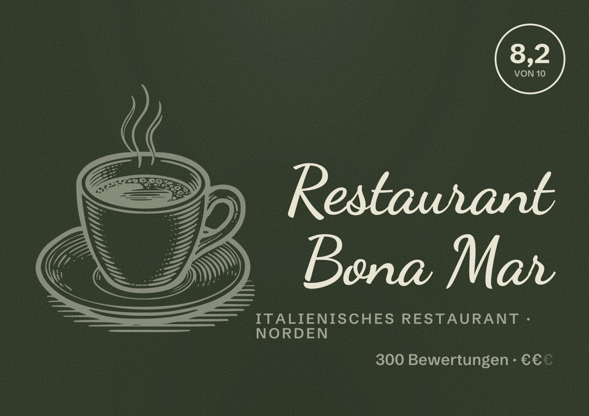 Illustriertes Poster von Restaurant Bona Mar, Italienisches Restaurant in Norden: Bewertung 8,2 von 10 aus 300 Bewertungen, Preisniveau €€
