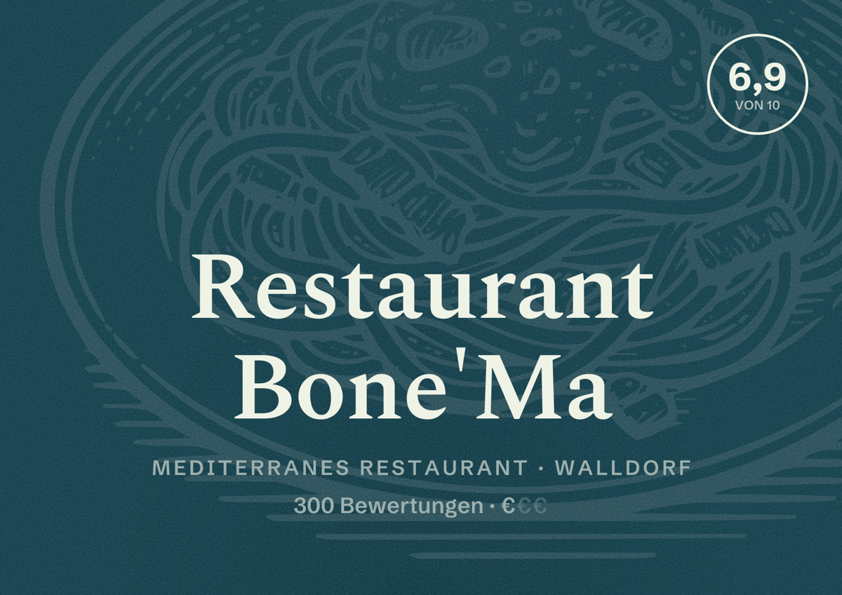 Illustriertes Poster von Restaurant Bone'Ma, Mediterranes Restaurant in Walldorf: Bewertung 6,9 von 10 aus 300 Bewertungen, Preisniveau €
