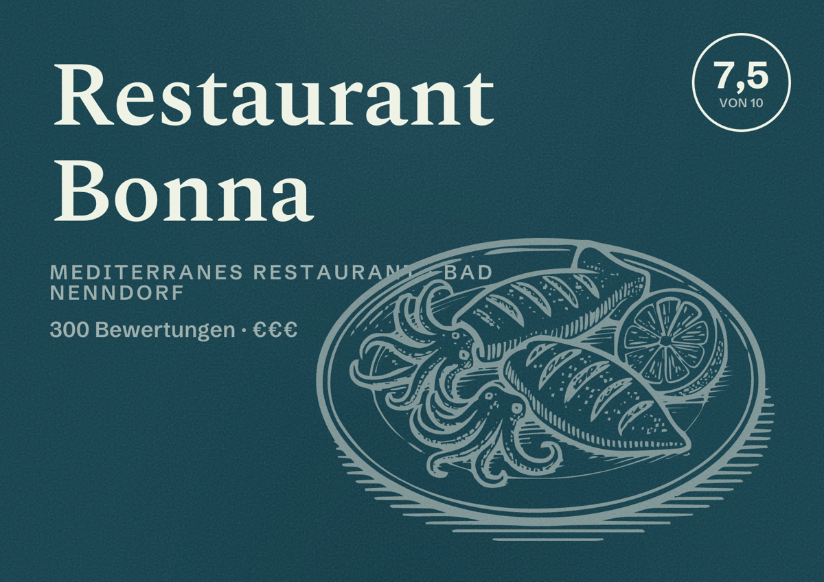 Illustriertes Poster von Restaurant Bonna, Mediterranes Restaurant in Bad Nenndorf: Bewertung 7,5 von 10 aus 300 Bewertungen, Preisniveau €€€
