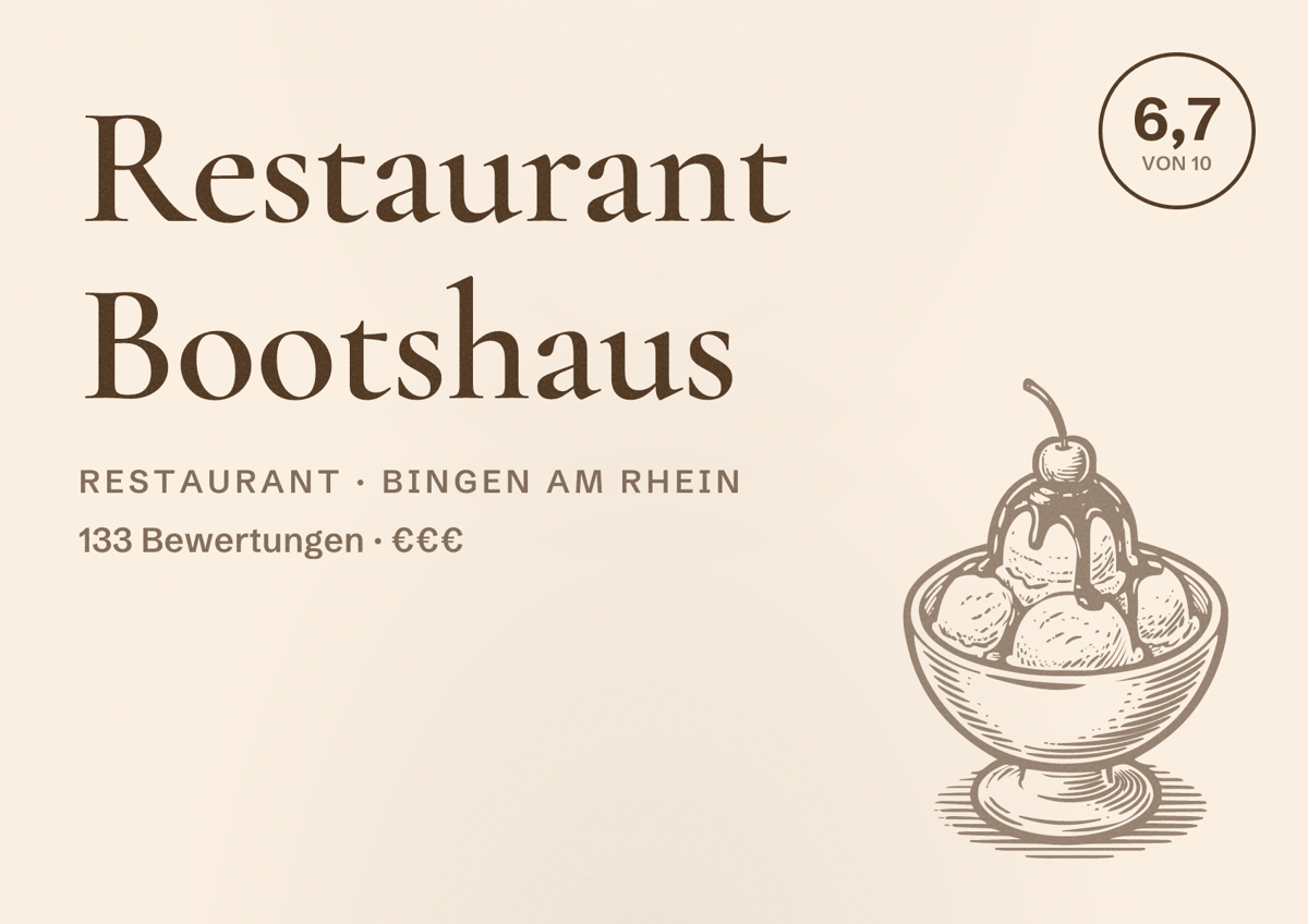 Illustriertes Poster von Restaurant Bootshaus, Restaurant in Bingen am Rhein: Bewertung 6,7 von 10 aus 133 Bewertungen, Preisniveau €€€